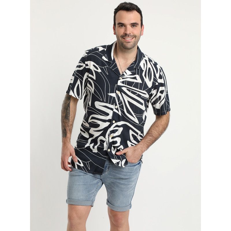 POTROS - Camisa Guayabera Cuello Cubano Resort Azul marino POTROS