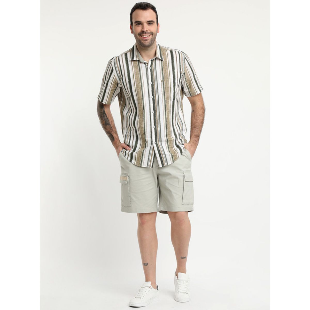 POTROS - Camisa Lino Estampada Cuello Sport Verde musgo POTROS