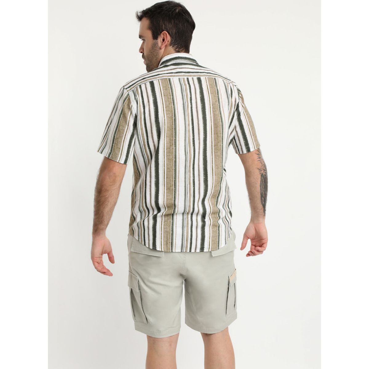 POTROS - Camisa Lino Estampada Cuello Sport Verde musgo POTROS