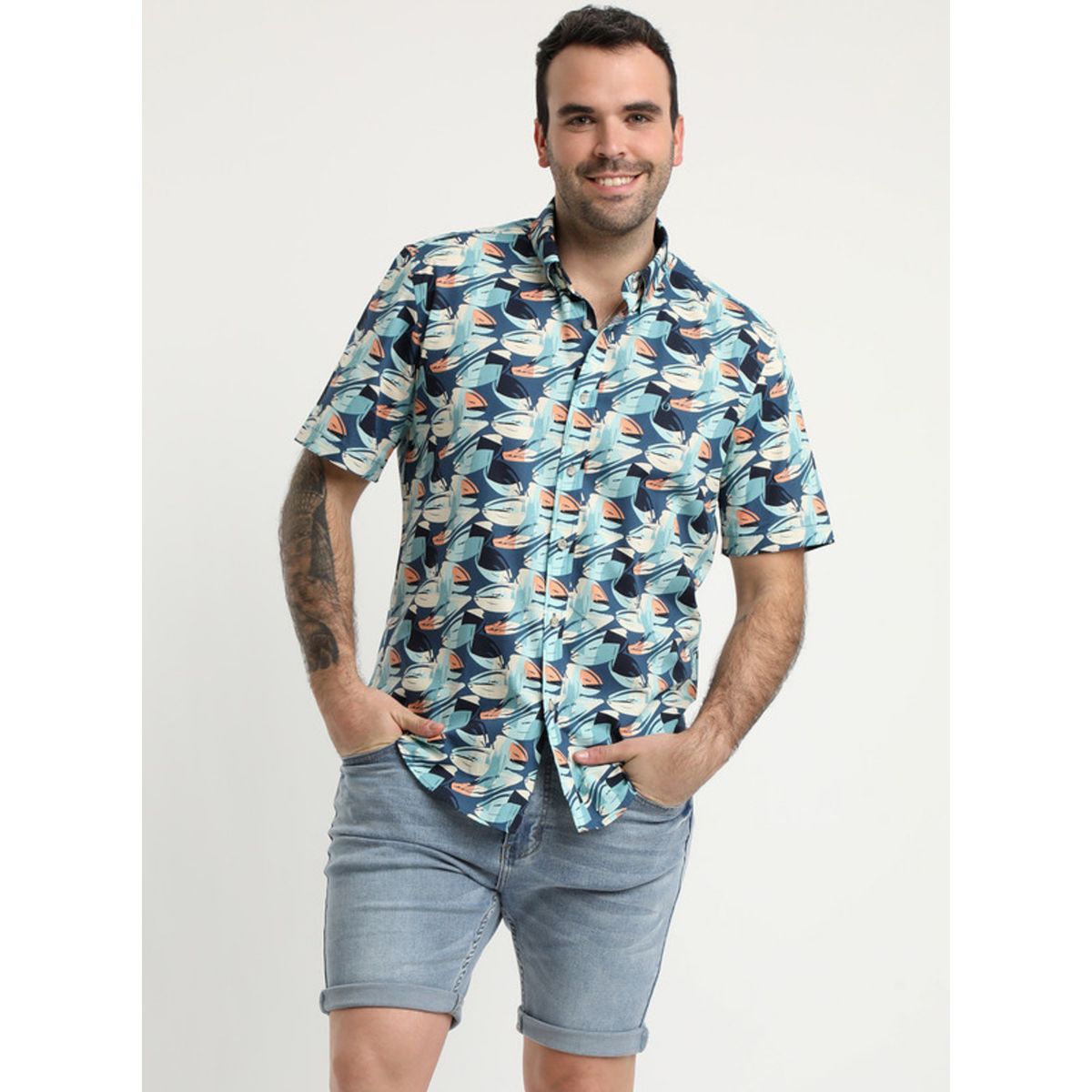 POTROS - Camisa Estampada Algodón Mc Azul POTROS