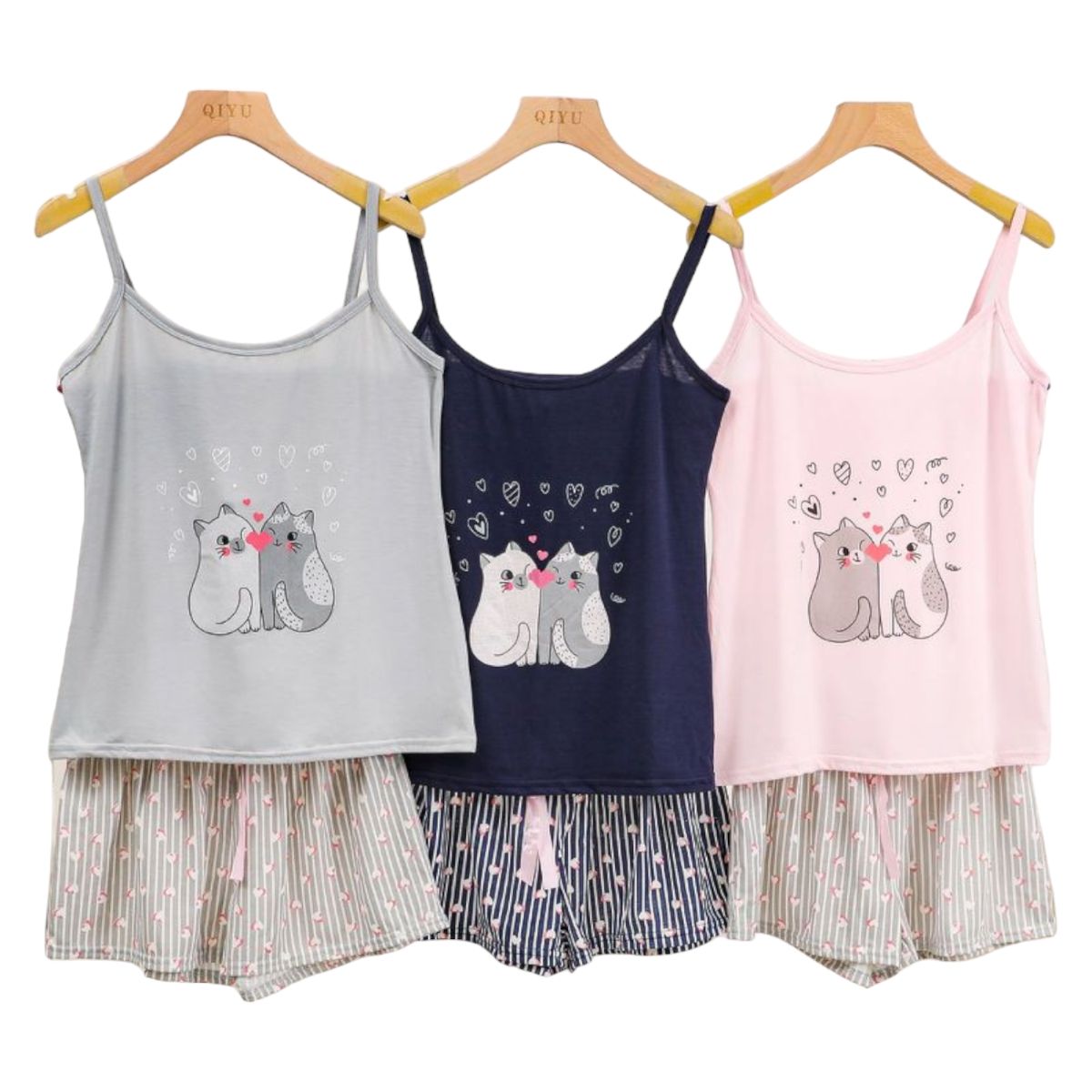 MEDIA LUNA - Pijama Mujer Polera de Tirantes y Short Diseño Gatitos Amorosos