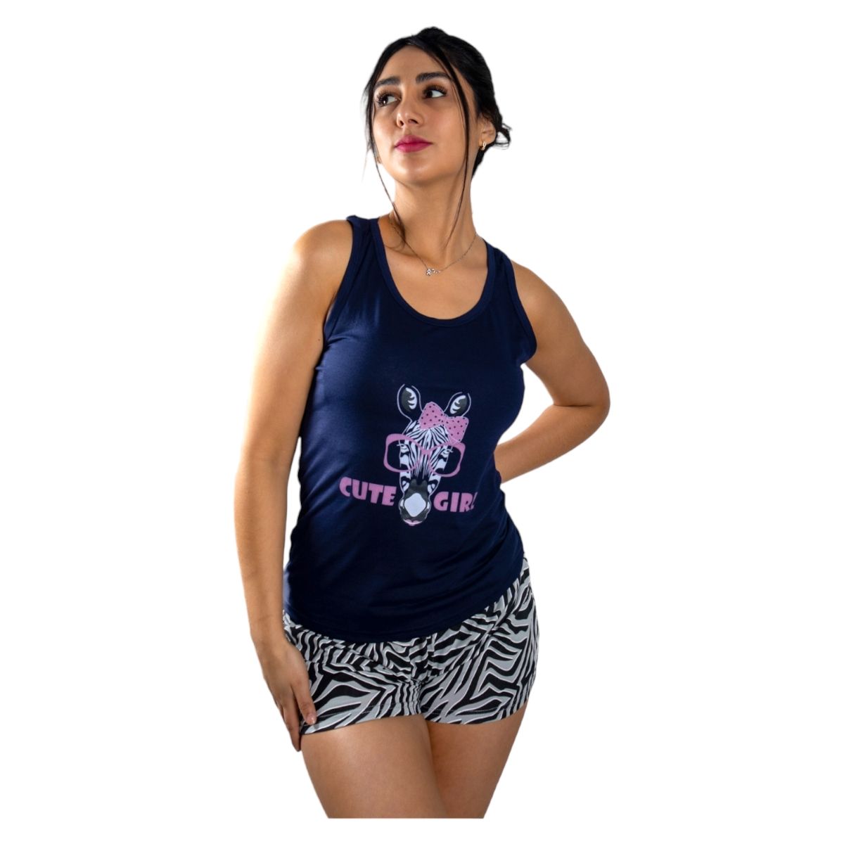 MEDIA LUNA - Pijama Mujer Polera Sin Mangas y Short Diseño Cebra Cute