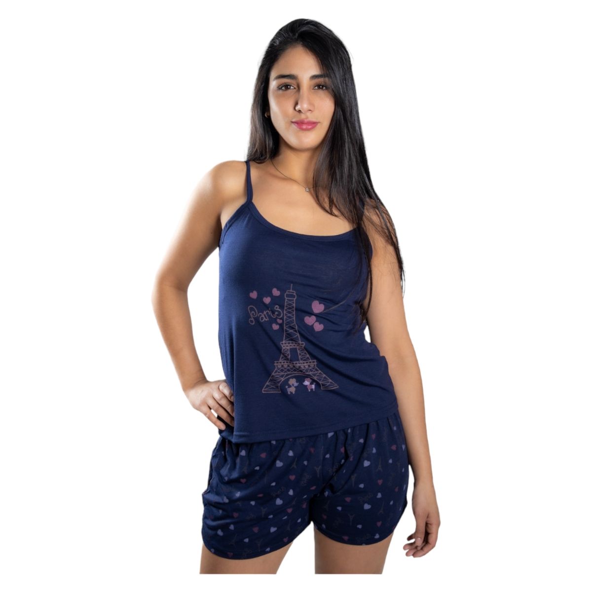 MEDIA LUNA - Pijama Mujer Polera de Tirantes y Short Diseño Paris Hearts