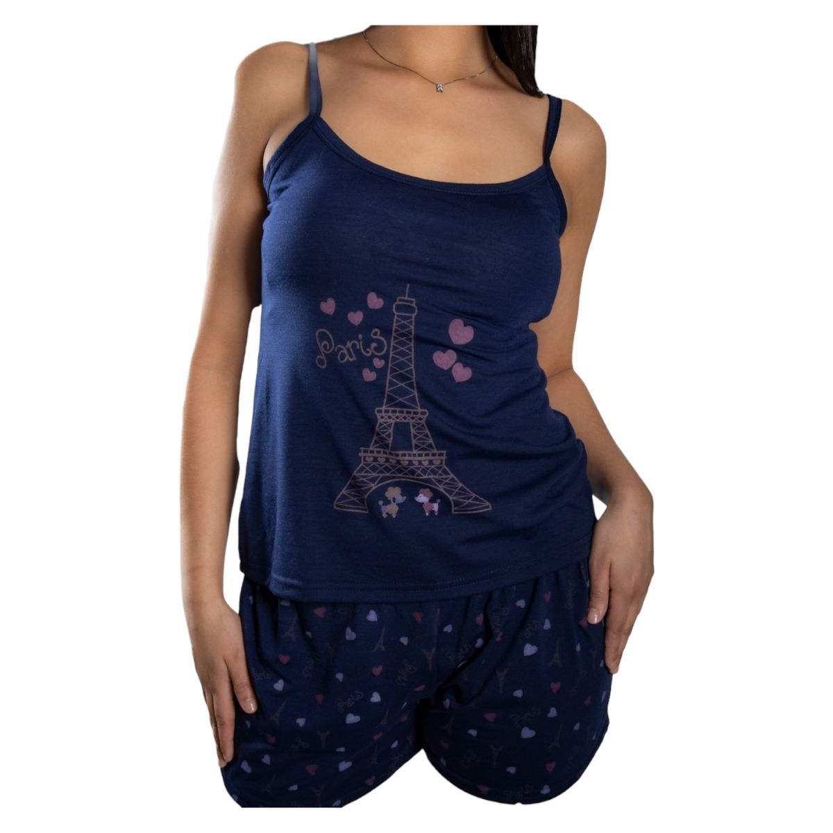 MEDIA LUNA - Pijama Mujer Polera de Tirantes y Short Diseño Paris Hearts