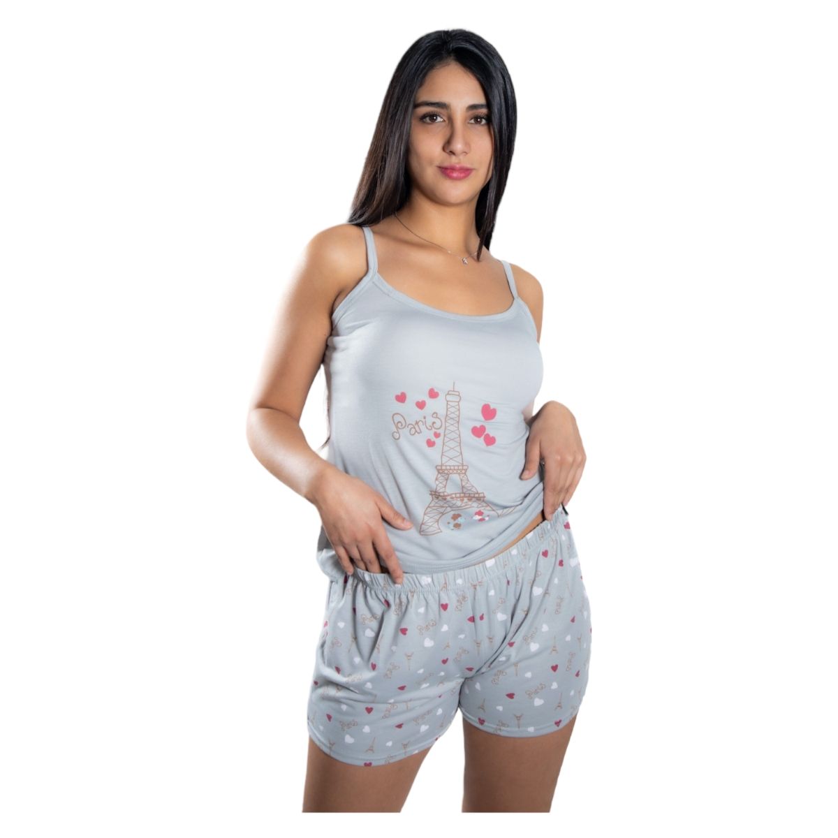 MEDIA LUNA - Pijama Mujer Polera de Tirantes y Short Diseño Paris Hearts