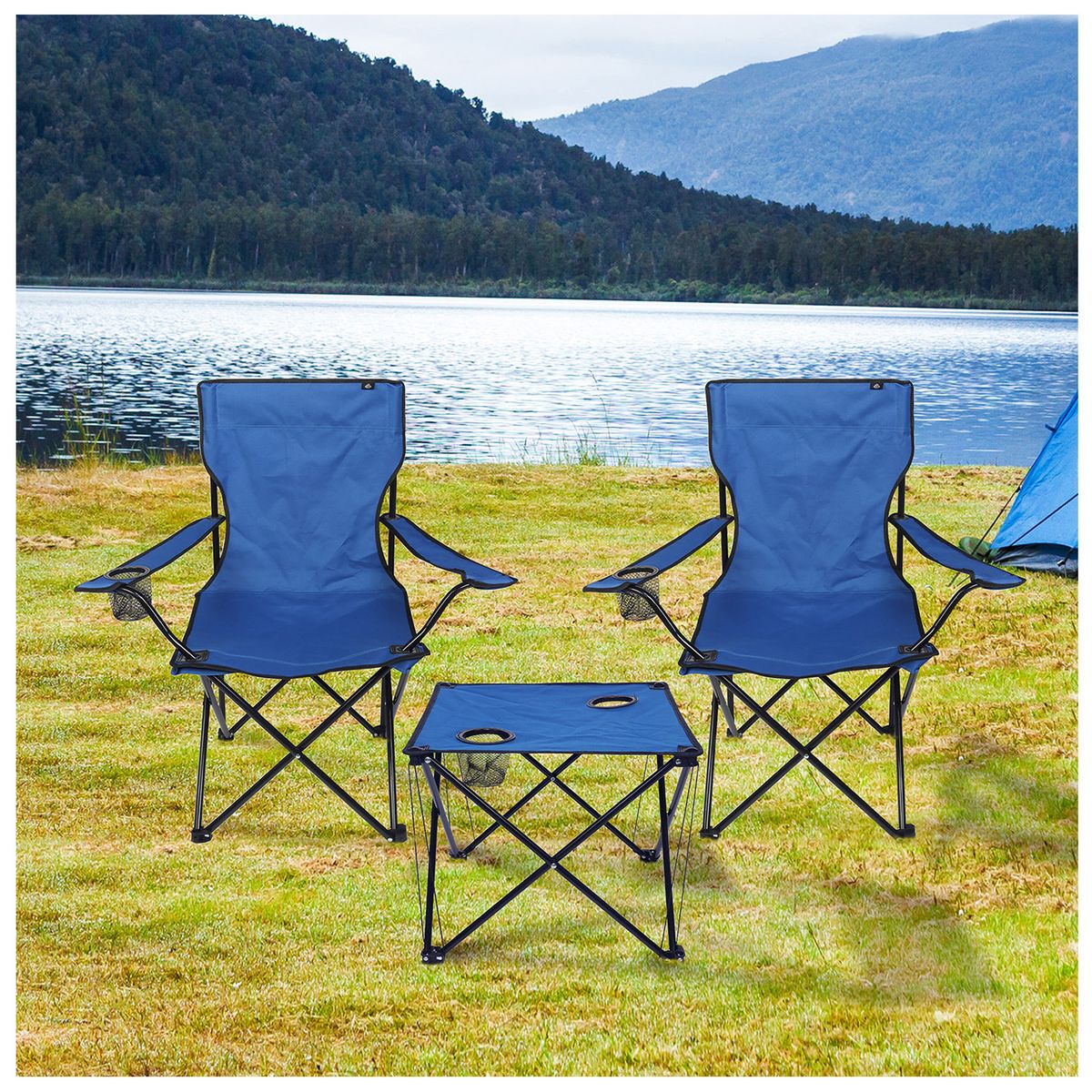 RUTTA - Set Mesa y Sillas Plegables de Camping Azul.