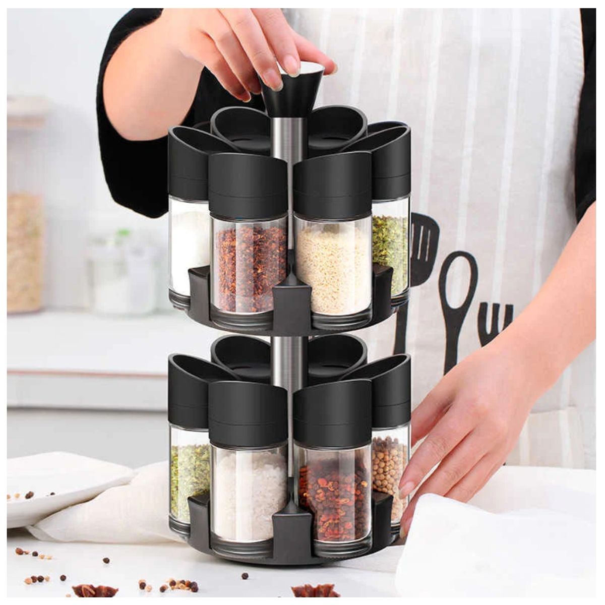 GENERICO - Especiero Giratorio 2 Niveles más Set 12 Piezas Condimenteros