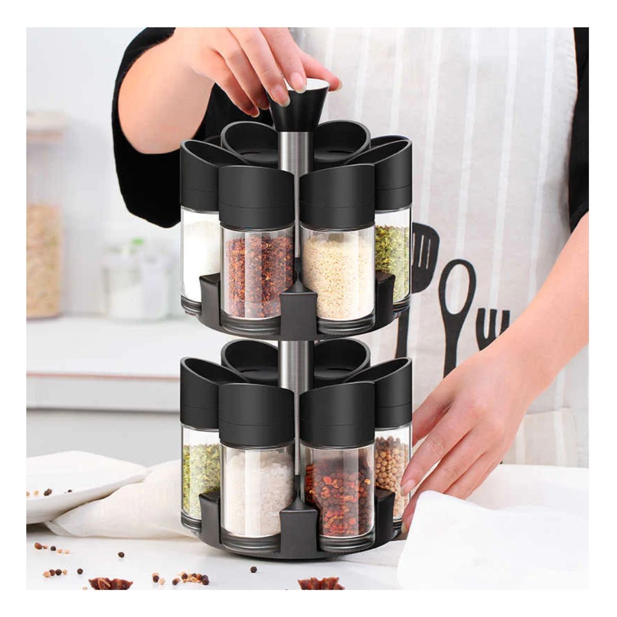 GENERICO - Especiero Giratorio 2 Niveles más Set 12 Piezas Condimenteros