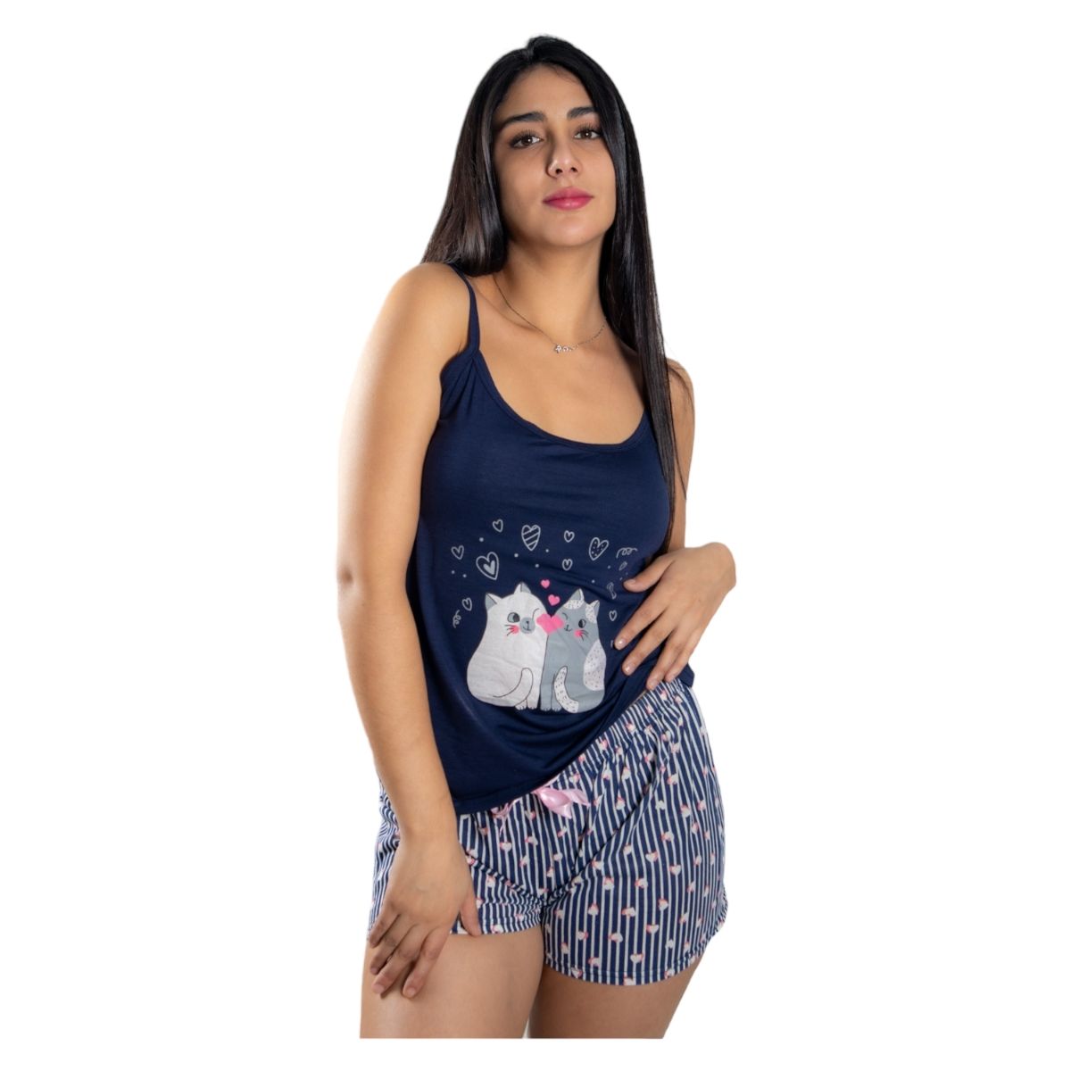 MEDIA LUNA - Pijama Mujer Polera de Tirantes y Short Diseño Gatitos Amorosos