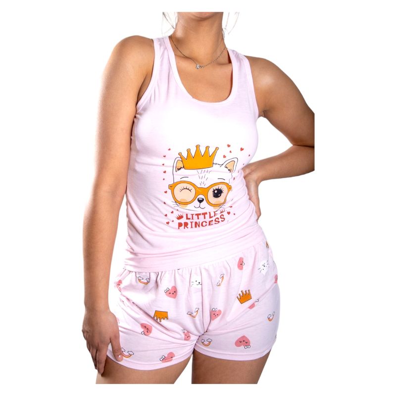 MEDIA LUNA - Pijama Mujer Polera Sin Mangas y Short Diseño Gatita Queen