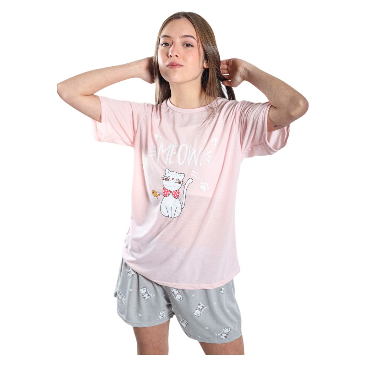 MEDIA LUNA - Pijama Mujer Polera Manga Corta y Short Diseño Gatito Meow