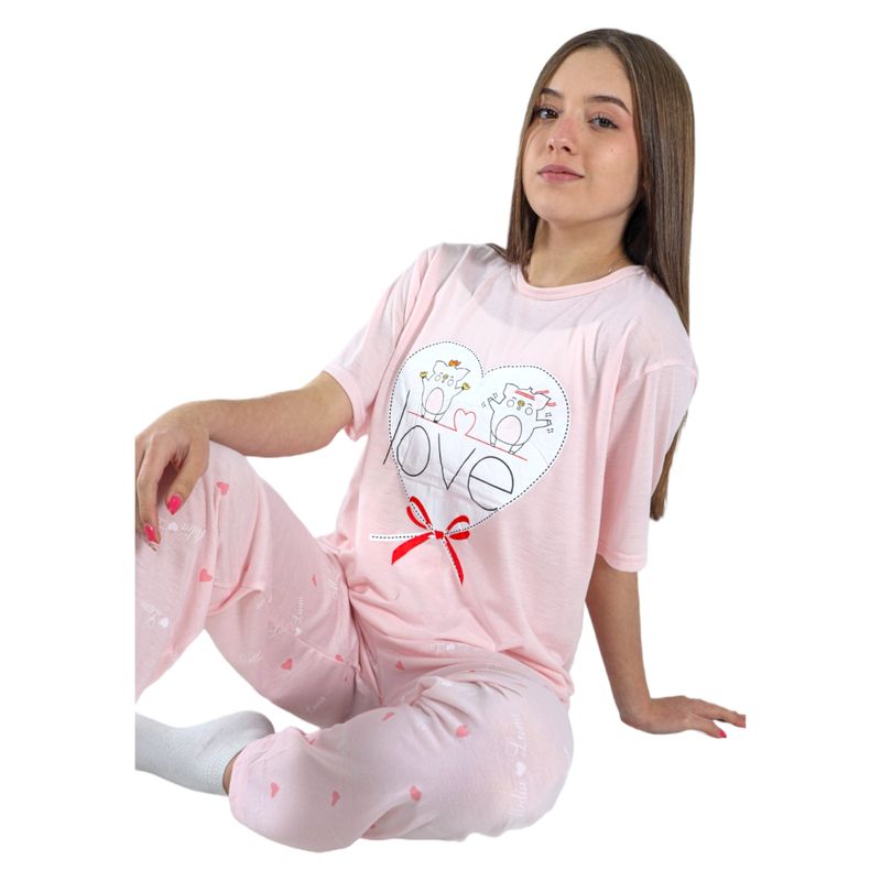 MEDIA LUNA - Pijama Mujer Polera Manga Corta y Pantalón Diseño Love