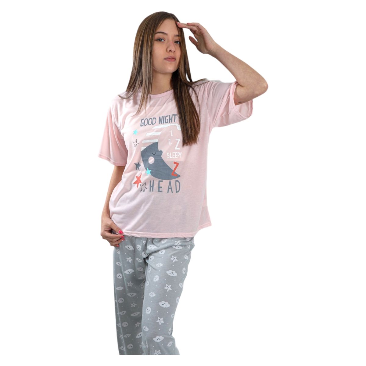 MEDIA LUNA - Pijama Mujer Polera Manga Corta y Pantalón Diseño Luna Dormilona