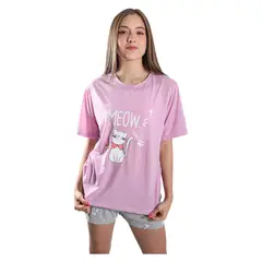 MEDIA LUNA - Pijama Mujer Polera Manga Corta y Short Diseño Gatito Meow
