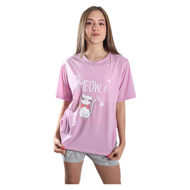MEDIA LUNA - Pijama Mujer Polera Manga Corta y Short Diseño Gatito Meow