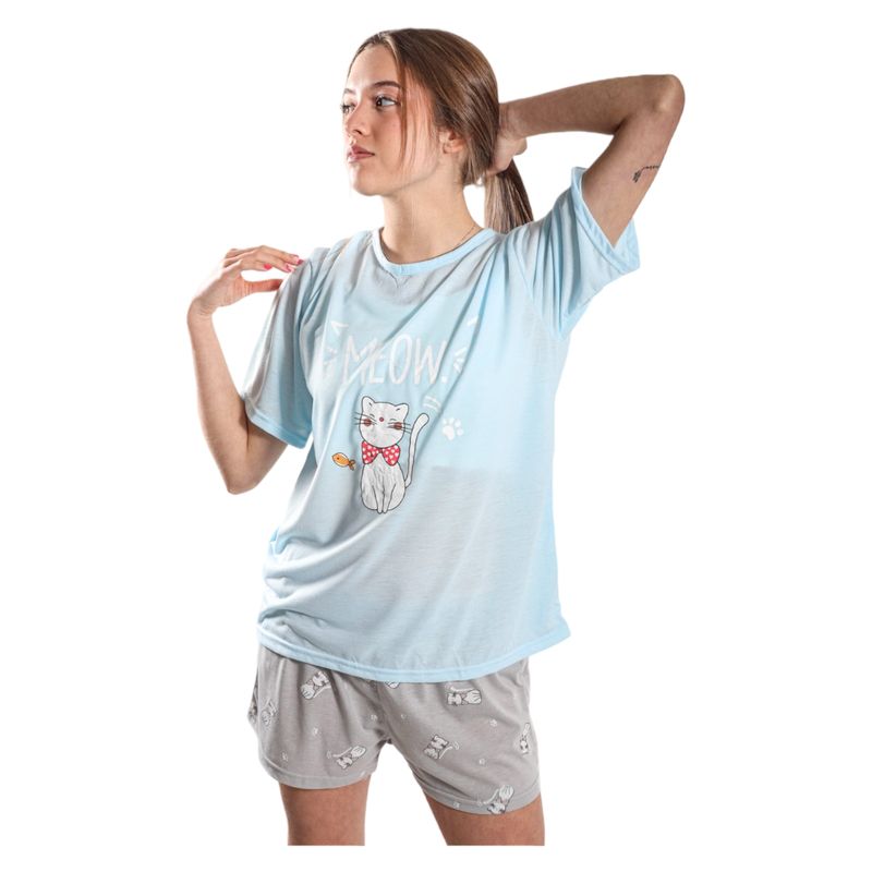 MEDIA LUNA - Pijama Mujer Polera Manga Corta y Short Diseño Gatito Meow
