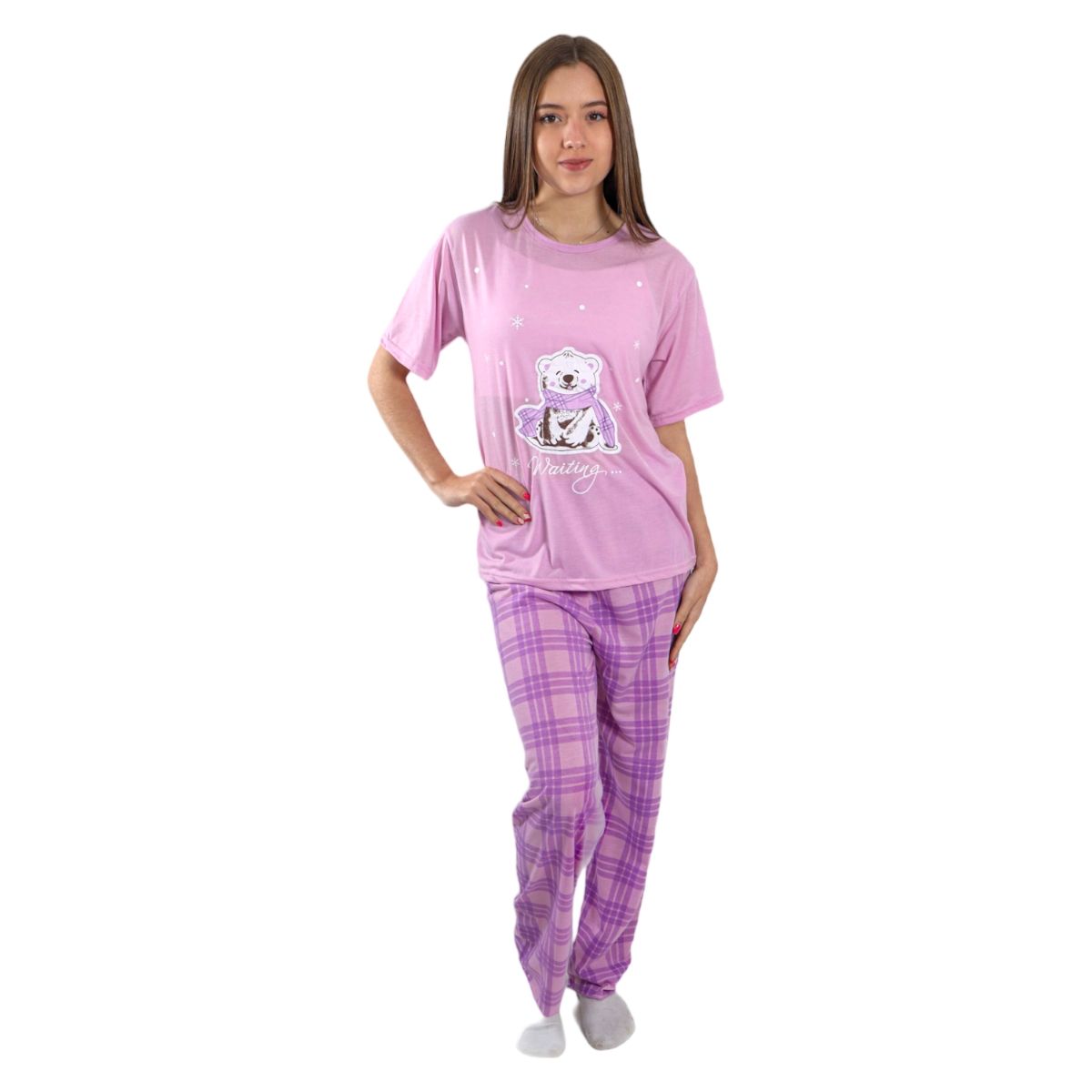 MEDIA LUNA - Pijama Mujer Polera Manga Corta y Pantalón Diseño Oso Polar Escosés
