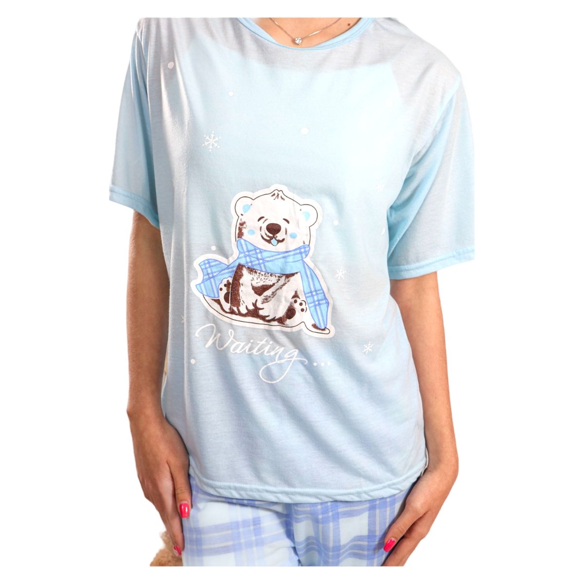 MEDIA LUNA - Pijama Mujer Polera Manga Corta y Pantalón Diseño Oso Polar Escosés