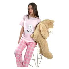 MEDIA LUNA - Pijama Mujer Polera Manga Corta y Pantalón Diseño Oso Polar Escosés