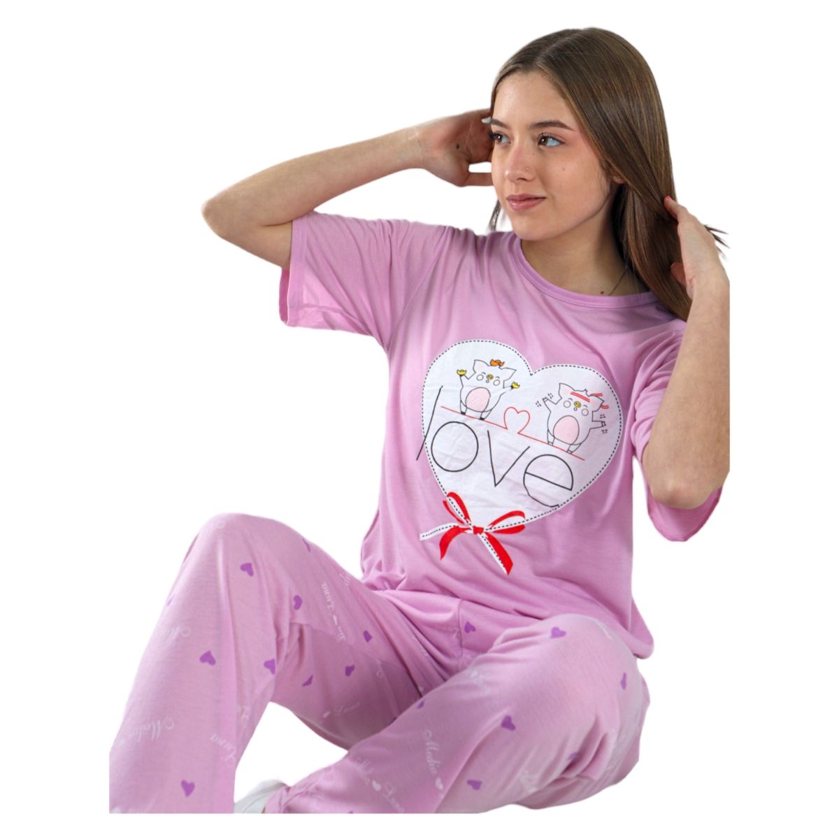 MEDIA LUNA - Pijama Mujer Polera Manga Corta y Pantalón Diseño Love