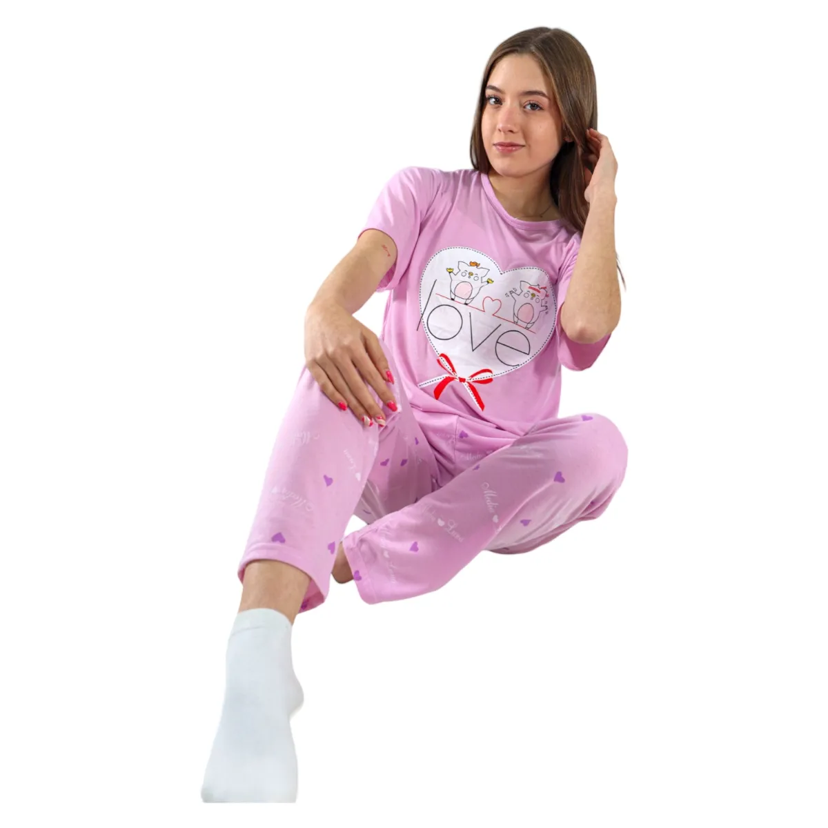 MEDIA LUNA - Pijama Mujer Polera Manga Corta y Pantalón Diseño Love