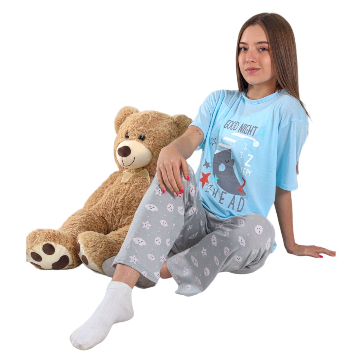 MEDIA LUNA - Pijama Mujer Polera Manga Corta y Pantalón Diseño Luna Dormilona