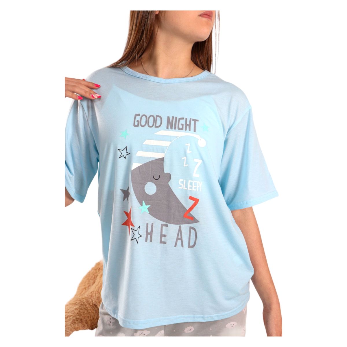 MEDIA LUNA - Pijama Mujer Polera Manga Corta y Pantalón Diseño Luna Dormilona