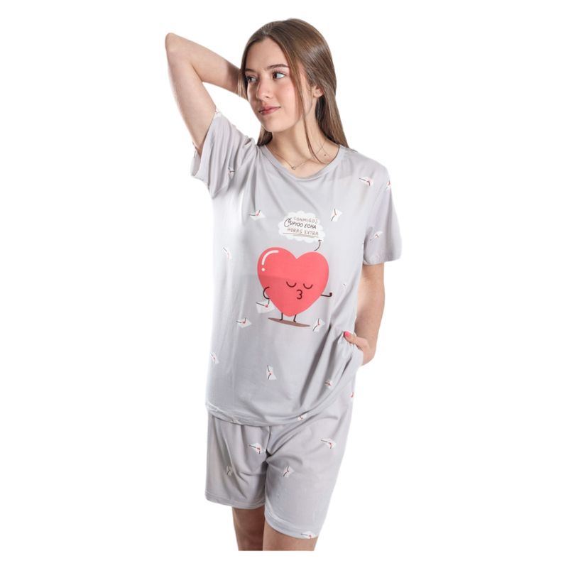 MEDIA LUNA - Pijama Mujer Polera Manga Corta y Short Diseño Corazón Cupido