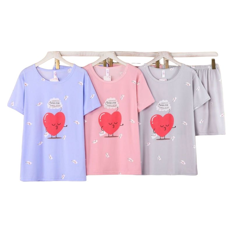 MEDIA LUNA - Pijama Mujer Polera Manga Corta y Short Diseño Corazón Cupido