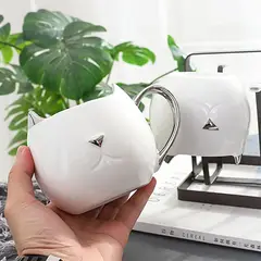 GENERICO - Tazón Cerámica Gatito Gato Nariz - Orejas Y Asa Plateada - Blanco