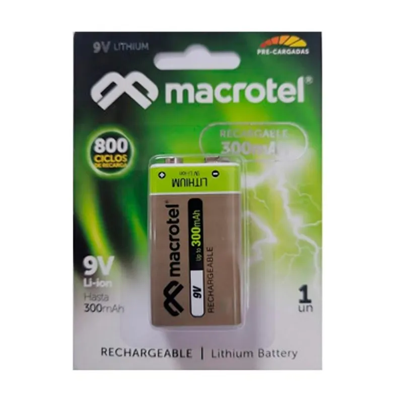 MACROTEL - Pila Bateria 9V Litio 300mAh Recargable Macrotel