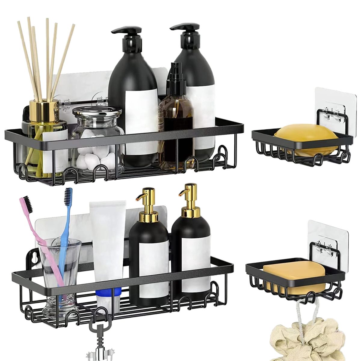 TNAKIEX - Organizador De Ducha Repisa Baño Adhesivo Set 4 Inoxidable - Negro