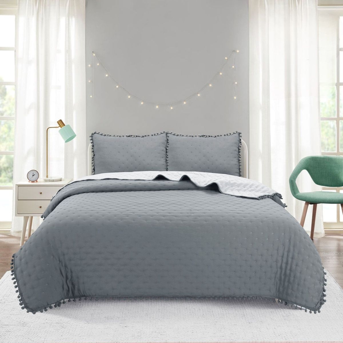 GENERICO - Cubrecama de Algodón con Pompones King Super King Color Gris