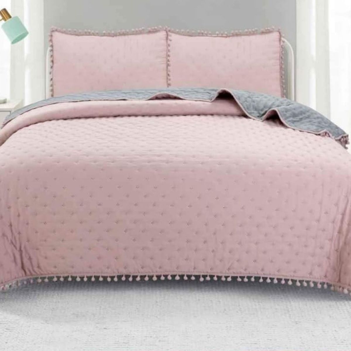 GENERICO - Cubrecama de Algodón con Pompones King Super King Color Rosado