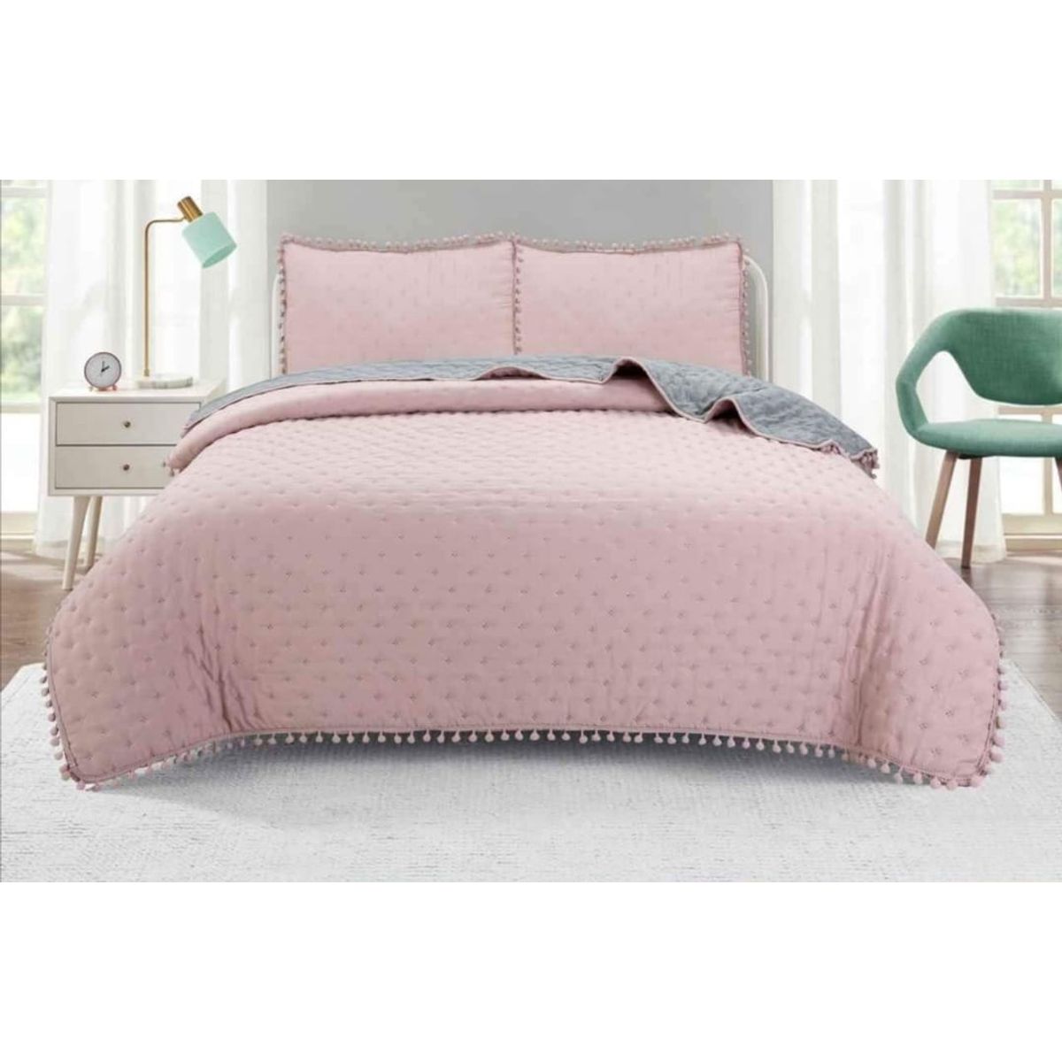 GENERICO - Cubrecama de Algodón con Pompones King Super King Color Rosado