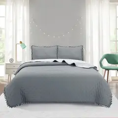 GENERICO - Cubrecama de Algodón con Pompones 2 Plazas Color Gris