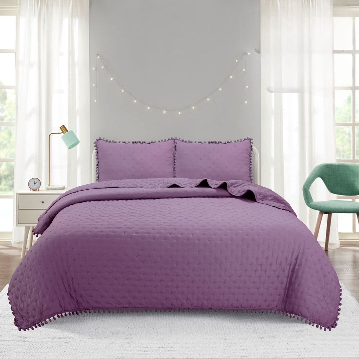 GENERICO - Cubrecama de Algodón con Pompones 2 Plazas Color Morado