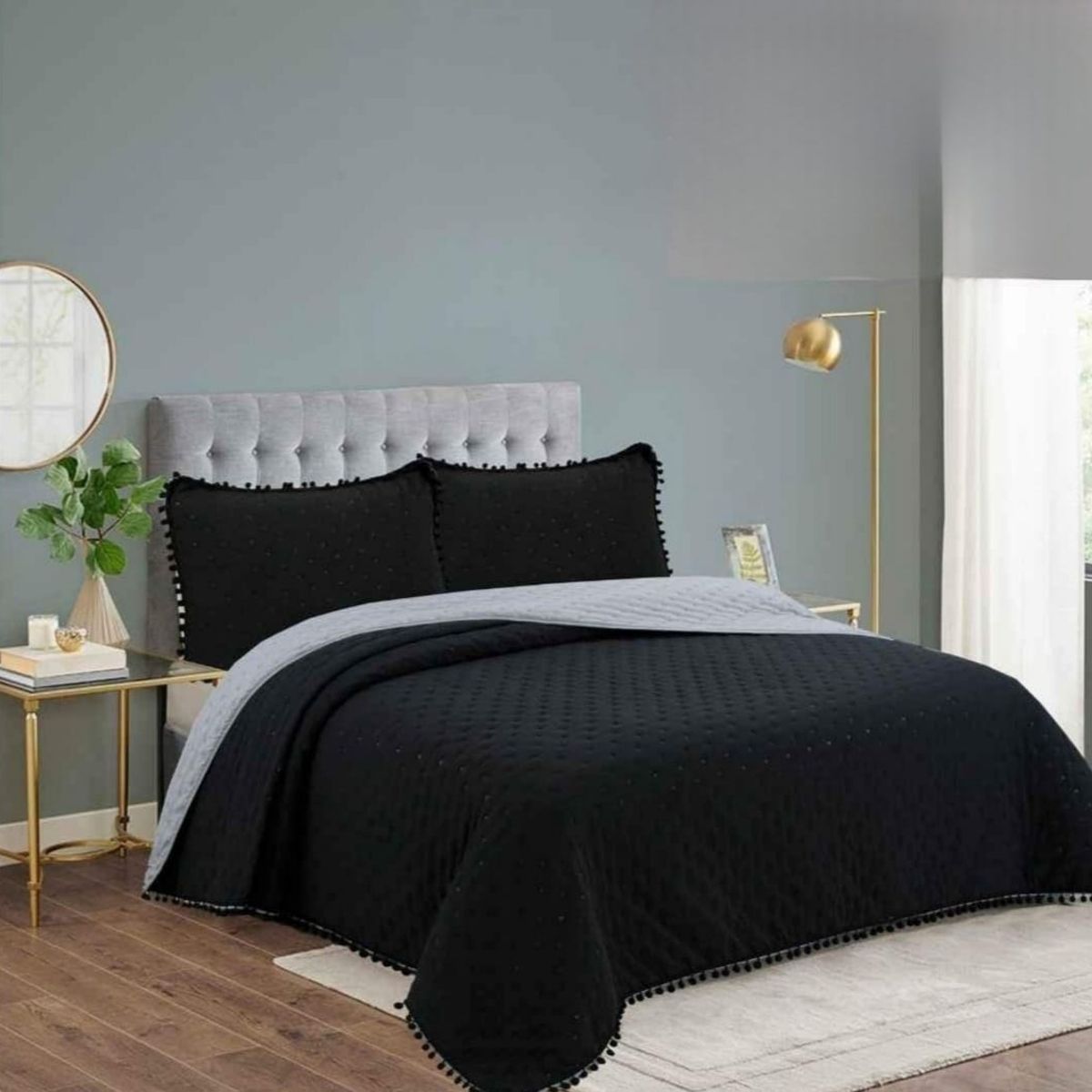 GENERICO - Cubrecama de Algodón con Pompones 2 Plazas Color Negro