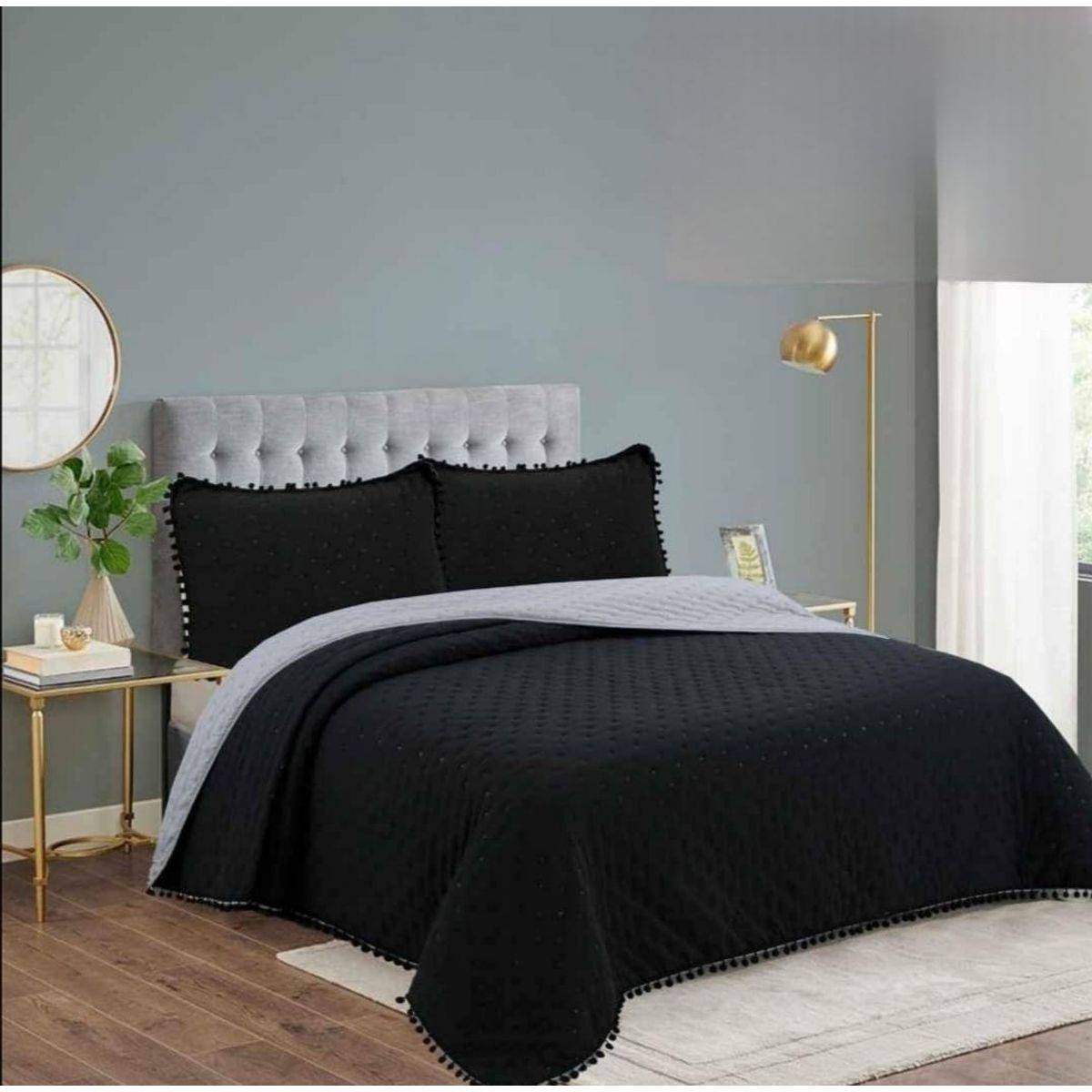 GENERICO - Cubrecama de Algodón con Pompones 2 Plazas Color Negro