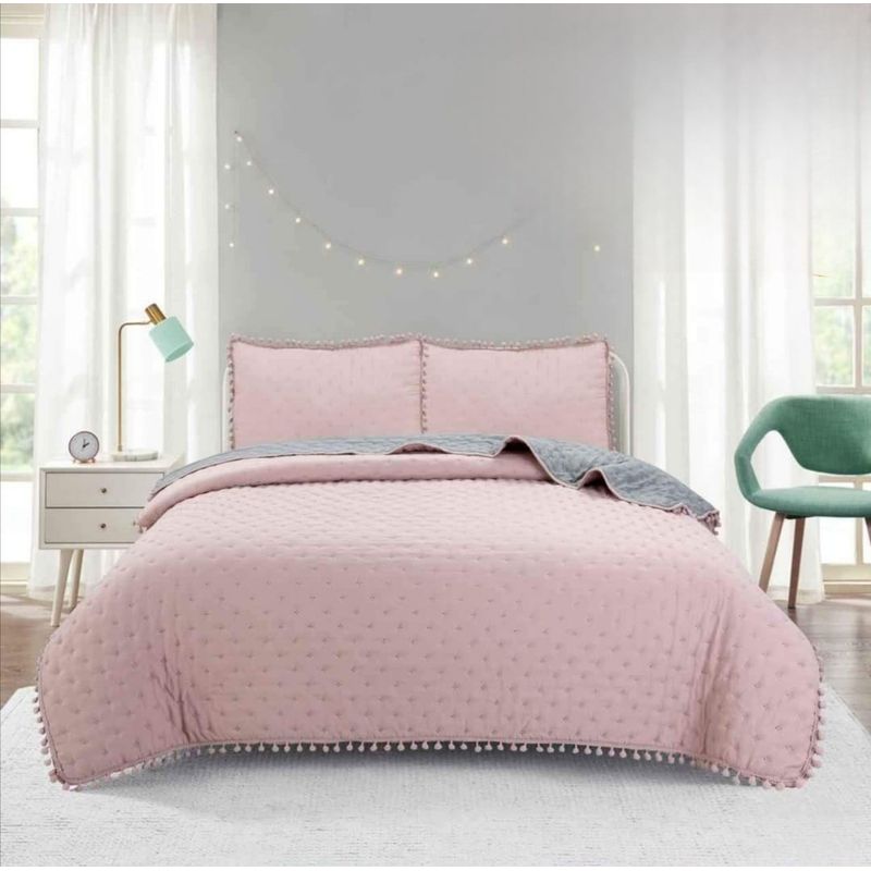 GENERICO - Cubrecama de Algodón con Pompones 2 Plazas Color Rosado