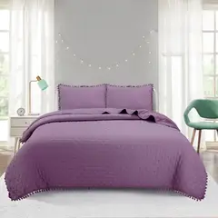 GENERICO - Cubrecama de Algodón con Pompones 1.5 Plaza. Color Morado