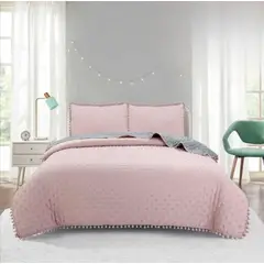 GENERICO - Cubrecama de Algodón con Pompones 1.5 Plaza. Color Rosado