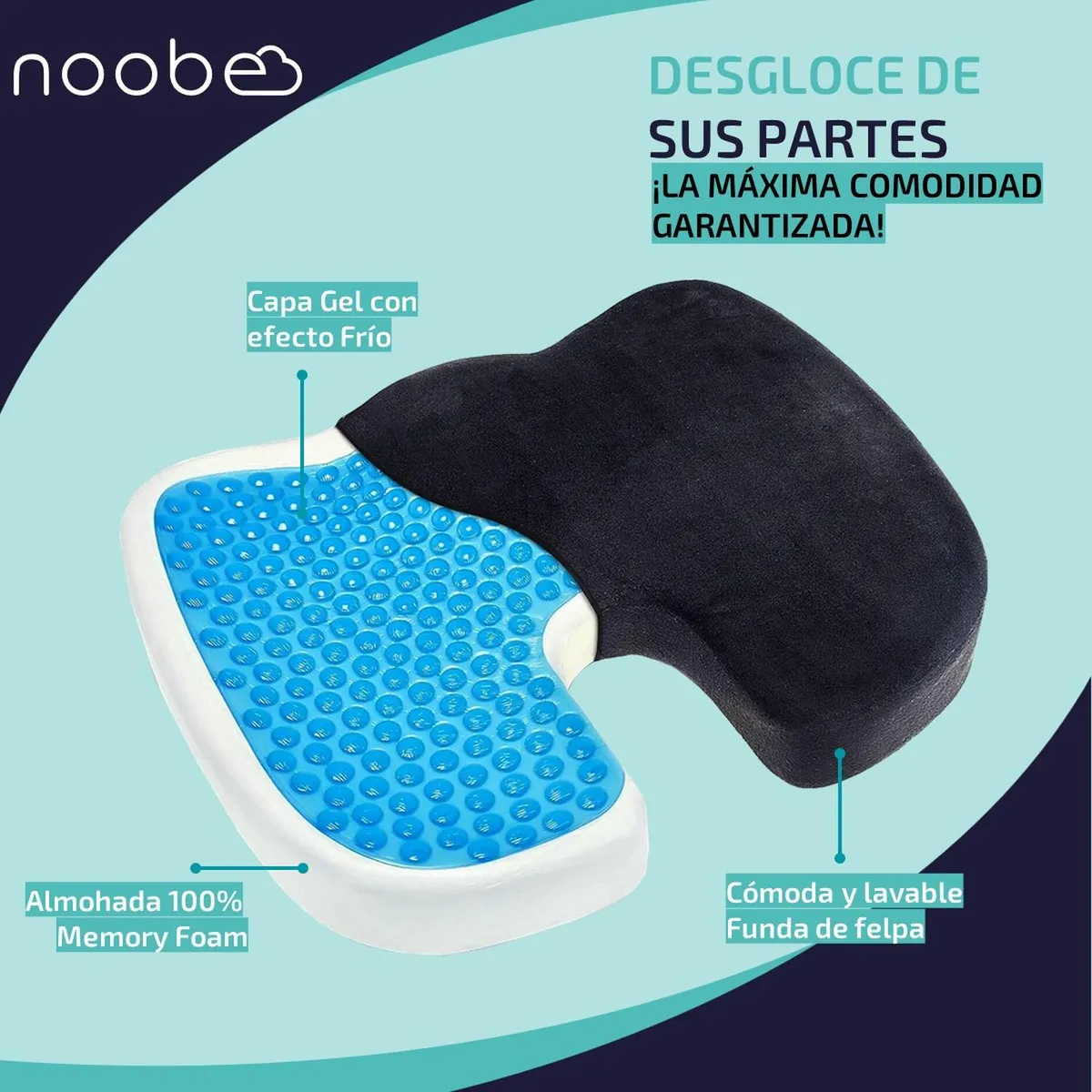 CASATUA - Cojin Lumbar Viscoelastico con Gel Noobe Coxis Asiento Silla