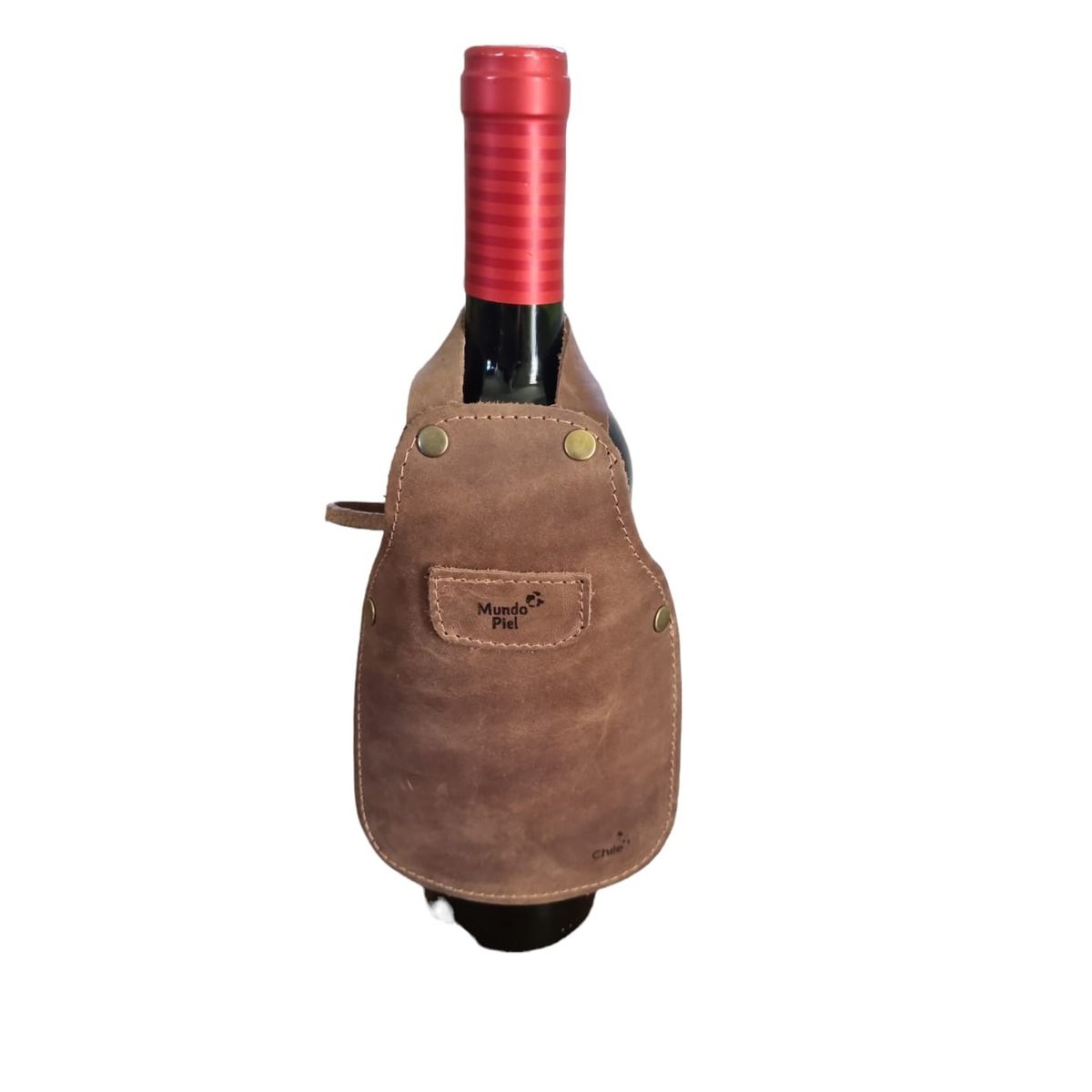 MUNDO PIEL - Mini Pechera de cuero para botella de vino Café Claro