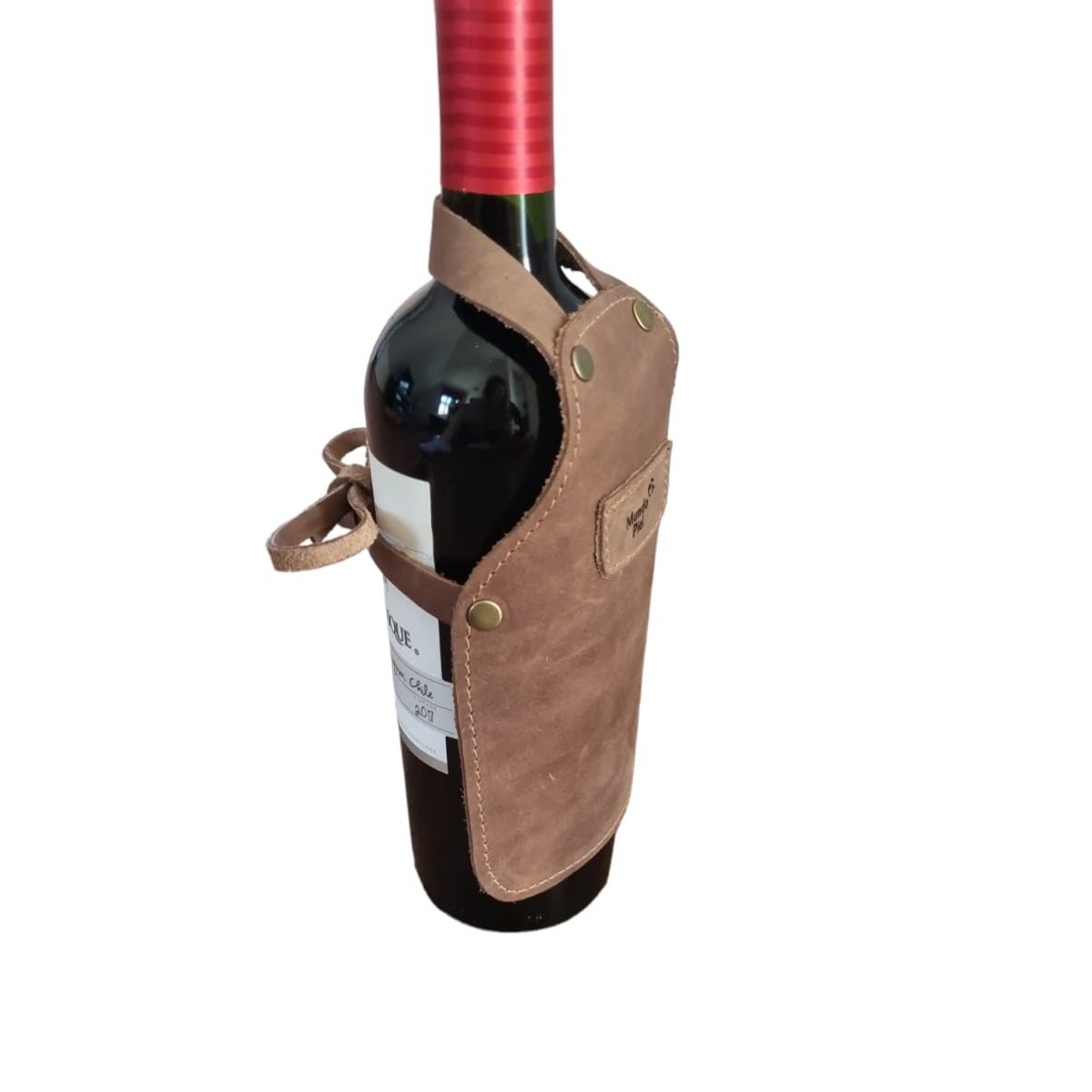 MUNDO PIEL - Mini Pechera de cuero para botella de vino Café Claro