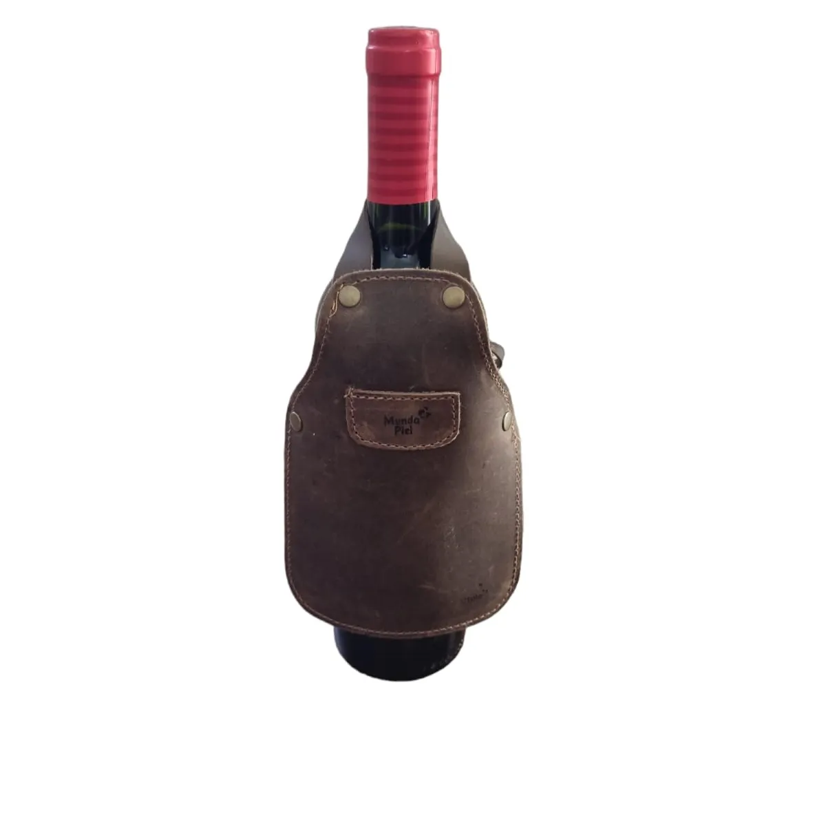 MUNDO PIEL - Mini Pechera de cuero para botella de vino Café Oscuro