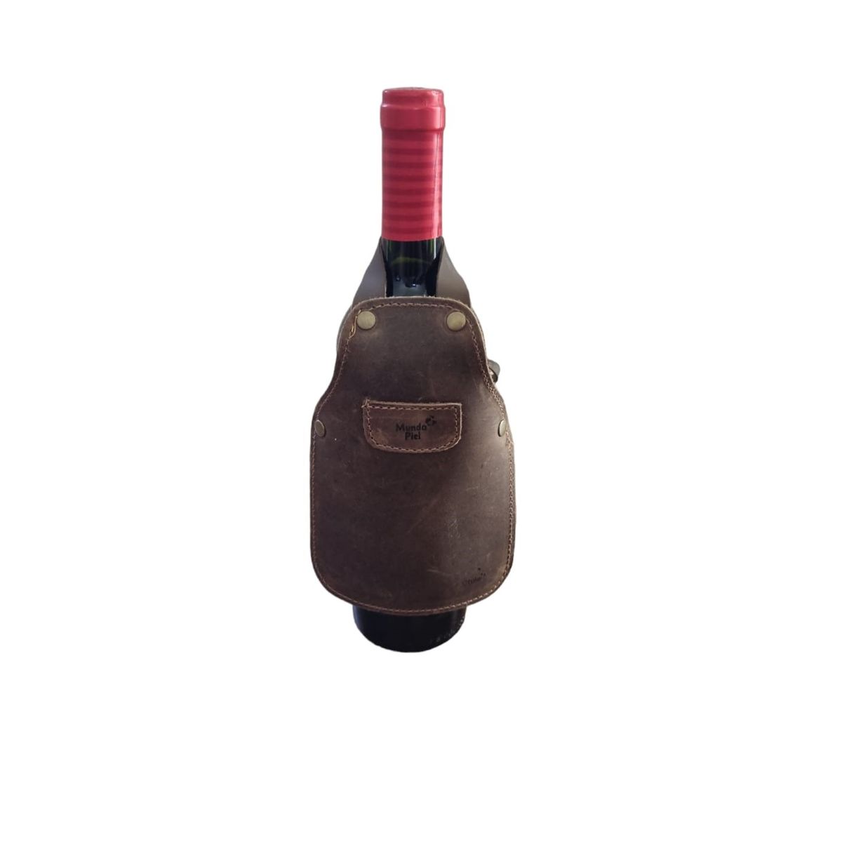 MUNDO PIEL - Mini Pechera de cuero para botella de vino Café Oscuro