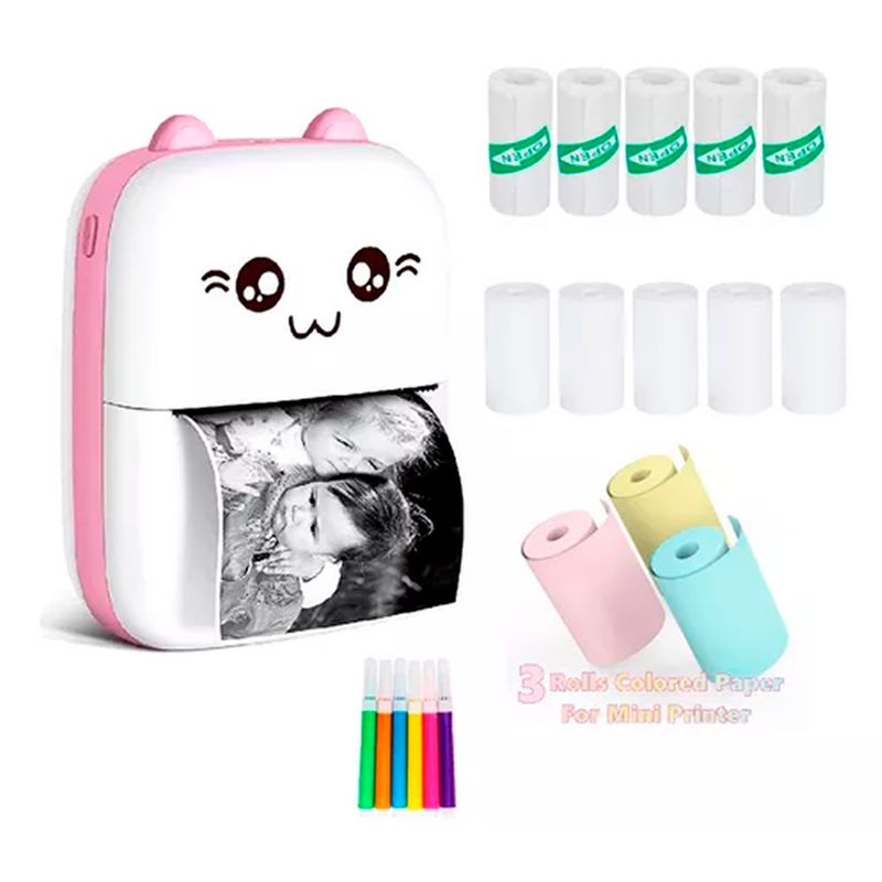 ESHOPANGIE - Mini Impresora Térmica Gatita Bluetooth  + 13Rollos Rosado