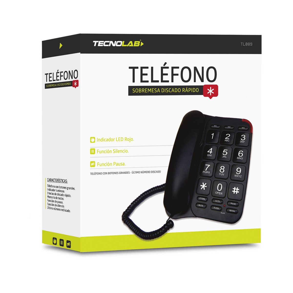 TECNOLAB - Teléfono Fijo Con Números Grandes Negro - SC
