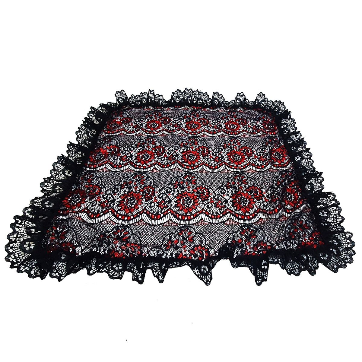 MAISONETTE - Pañuelo de Cueca Brava 50x50 Bicolor Negro Rojo Encaje Negro